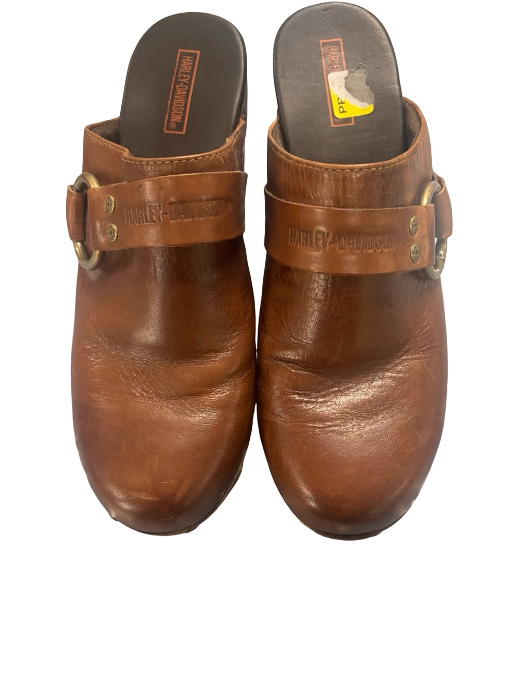 Harley-Davidson Y2K Western Biker Brown Leather Clog Mules brass ring Detail 8.5 - Picture 3 of 8